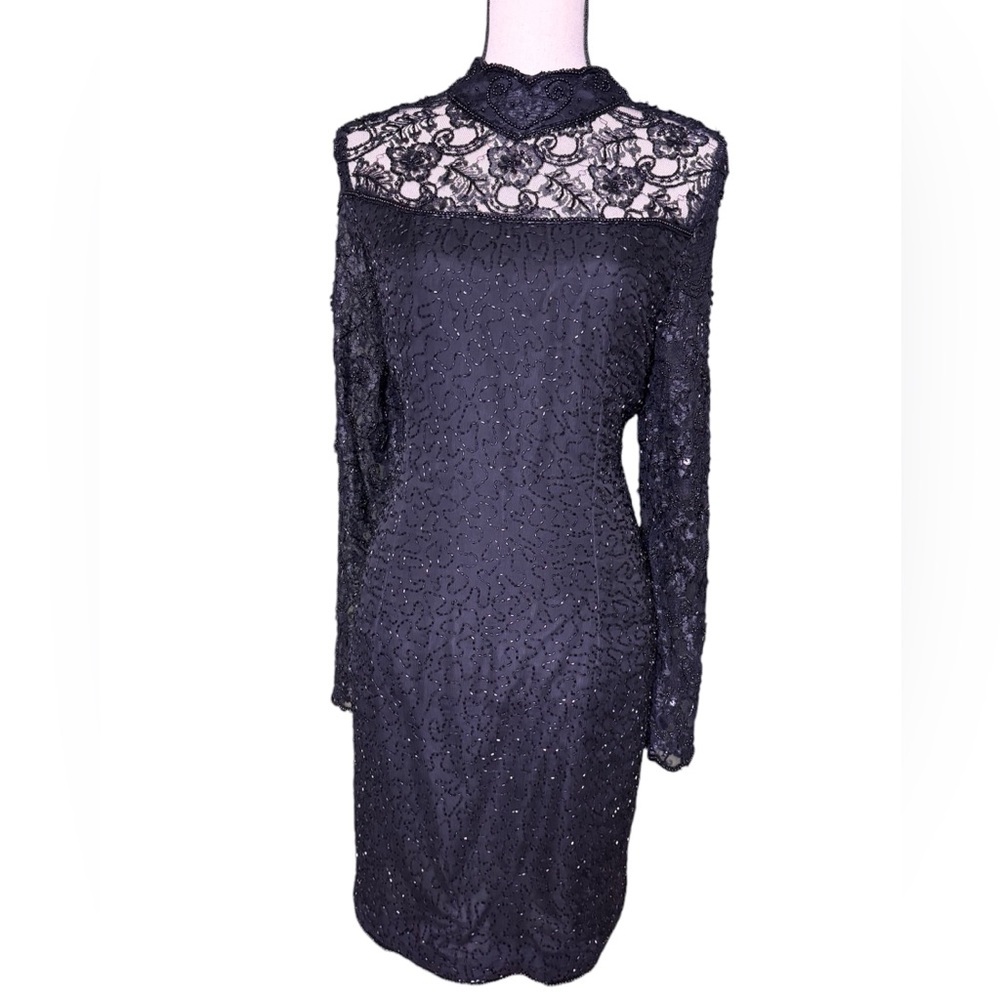 Stenay vintage 100% silk beaded high neck long sleeve lace sheer dress 16